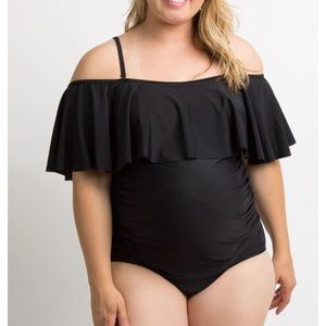 Black Ruffle Trim Ruched One-Piece Maternity Plus Swimsuit